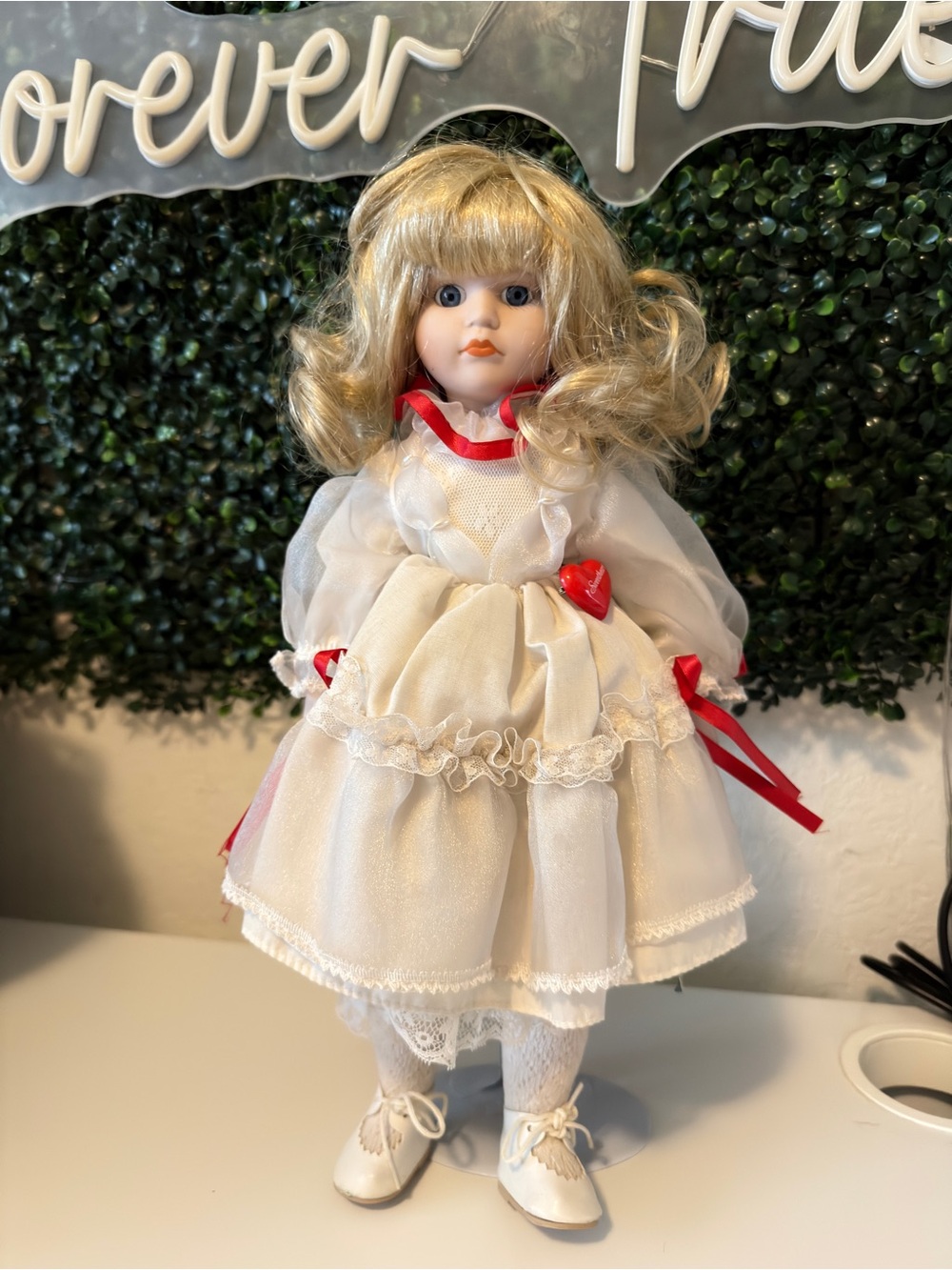 Classic Porcelain Collector Doll in White Dress with Red Accents